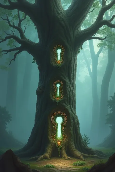 abstract fantasy concept art of stylized separated small keyhole designs carved into tree trunk