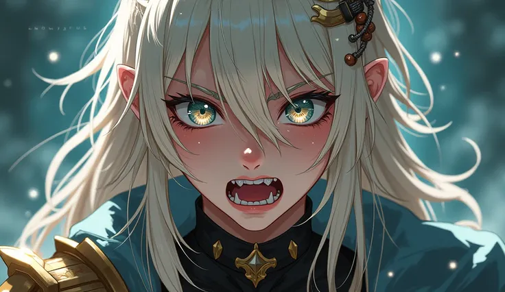 multicolored hair, blonde hair, white hair, streaked hair, bangs, hair between eyes, crossed bangs, messy hair, straight hair, shiny hair, crazy eyes, sparkling eyes, open mouth, angry, annoyed, upset, hime cut, short hair, valkyrie, war, armor, Surrealism...