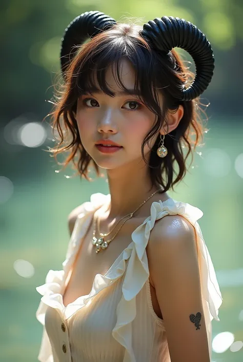 Super pretty sundanese girl 18yo sheep girl cosplay black sheep horns, brunette wavy short hair, lavish hair accesories, many earrings, heart tattoo, detailed face, cute expression, t shirt, taking bath in the river, (wet clothing),detailed clothing, posin...