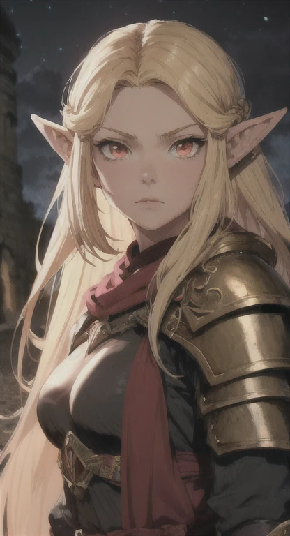 Ancient Hylian, Devine warrior , Hylia, blonde, red eyes, glaring at viewer, ancient Devine armor, long messy hair, ancient Hyrule, medieval Town, night, dark,