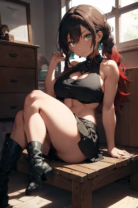 1 female, dread hair, afro hair, red hair, darker skin, brown hair, aqua eyes, gothic tank top, gothic mini skirt, black boots, gothic earrings, huge breast, thick legs, thick body, black nails, home, bedroom, sitting down