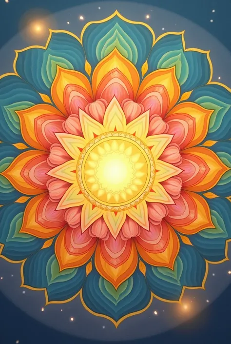 "Design a mandala that radiates joyful yet calming energy, integrating vibrant, harmonious colors such as golden yellow, turquoise, soft coral orange, and gentle blush pink. These colors should be balanced to evoke feelings of happiness and tranquility. Th...