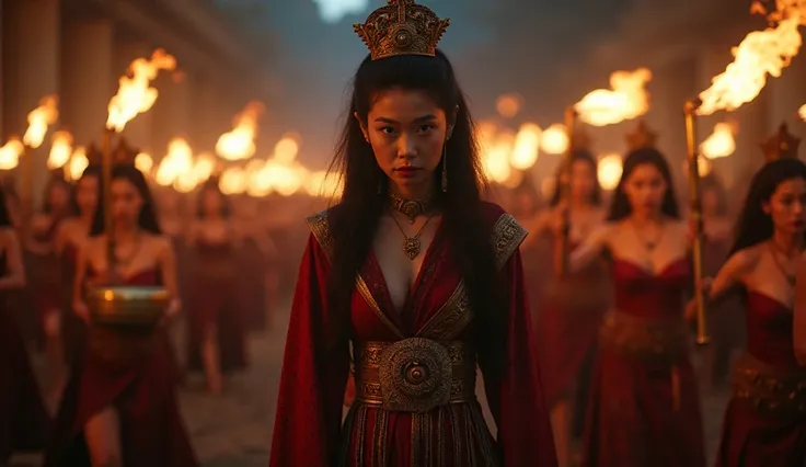 Roro Jonggrang Leads the Maidens, giving instructions to her ladies to light the torches and gongs with a face full of tension, while the sky is still dark, realistic, masterpiece, cinematic