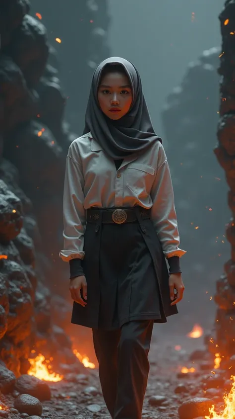 Chinese girl wearing hijab, Indonesian high school student uniform crop navel ,raised eyebrows, pouting mouth ,very detailed, low skirt with belt, buckle ,walking like a miss idol both hands on waist, (Fondo piedras grandes negro lava magma) , partículas f...