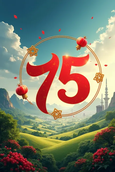 A vibrant and symbolic poster celebrating the 75th anniversary of New China, ultra detailed digital art, 8k resolution. 
Central focus: Large "75" in Chinese calligraphy style, red with gold outline.
Background: Blue sky with white clouds above, lush green...