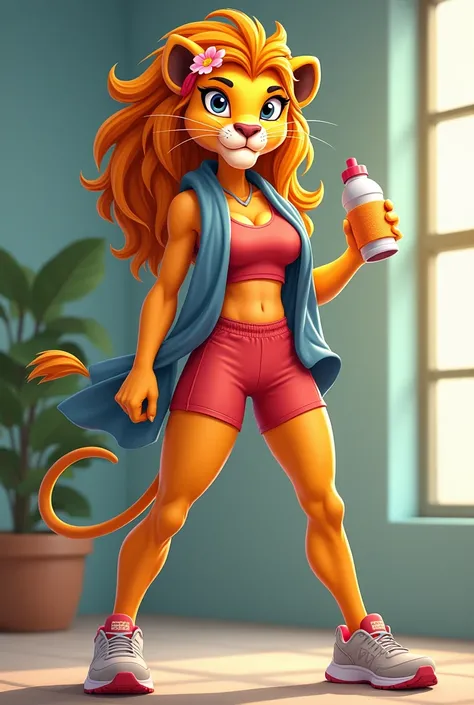 A strong and charismatic lioness that represents strength, Confidence and femininity. She has shiny golden fur and wears a flower headband on her head., She is wearing a colorful and modern sports outfit, which includes a sports top and leggings. He also h...