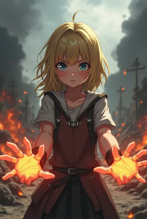 A teenage girl with the style of Boku no hero with a traumatized face and blonde hair and blue eyes in the middle of a battlefield with fire in her hands because she is ready to fight and with a lost look 