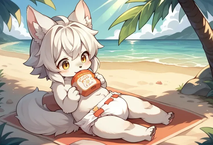 furry，, kemono, toddler, A cute white wolf girl，White hair，Wearing cute diapers, White Diaper, Naked，Sitting on the beach，warm sunlight，protrait photo，HD