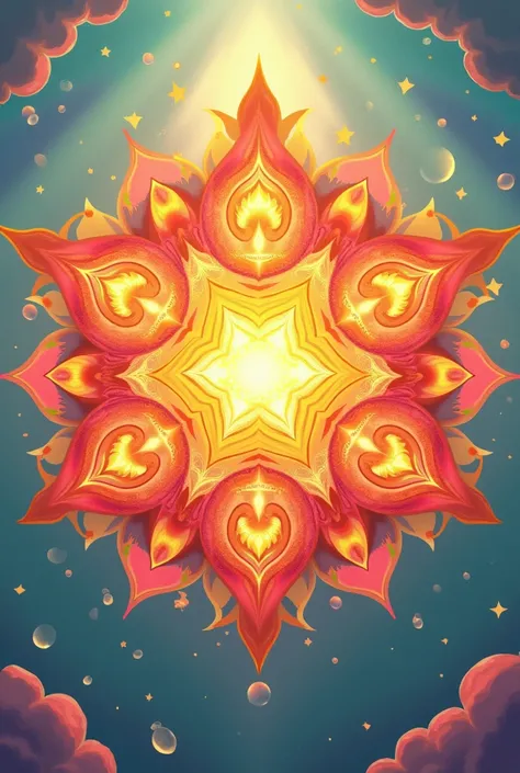 "Design a mandala that radiates joyful yet calming energy, integrating vibrant, harmonious colors such as golden yellow, turquoise, soft coral orange, and gentle blush pink. These colors should be balanced to evoke feelings of happiness and tranquility. Th...