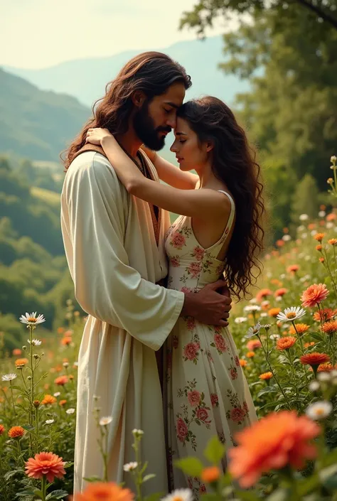 Jesus in a very beautiful landscape, hugging one with the flowery dress, low very low, long curly hair.