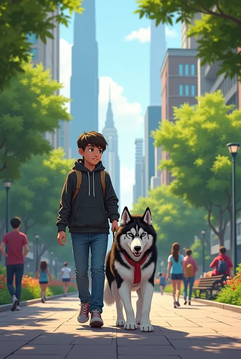 Teenager walking a Siberian husky in an urban park