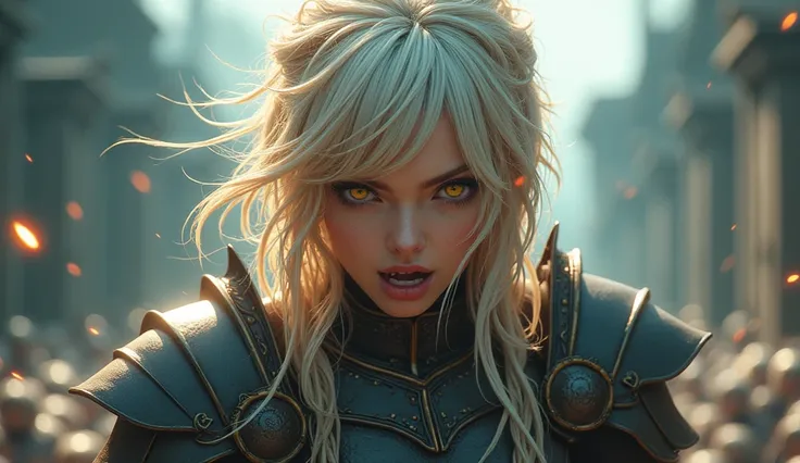 multicolored hair, blonde hair, white hair, streaked hair, bangs, hair between eyes, crossed bangs, messy hair, straight hair, shiny hair, crazy eyes, sparkling eyes, open mouth, angry, annoyed, upset, hime cut, short hair, valkyrie, war, armor, full body,...