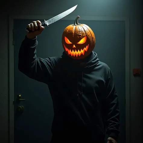 a person with a pumpkin mask, holding a knife above his head
