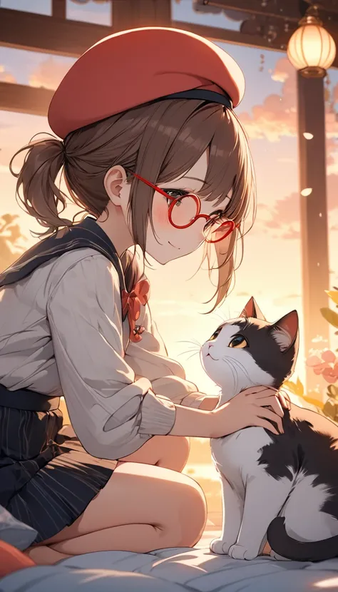 1girl,10yo,brown hair,black eyes, ((red round eyewear)), side ponytail,smile, blushful,(beret),mini skirt,zettai ryouiki, crouching, cute cat, touching cat, side view, profile, sunset, looking at cat, looking down, BREAK cute and relaxed girl, yuru-kawa st...