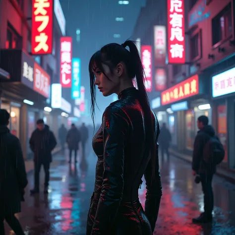 Extremely high quality photos, extremely high resolution, Prompt:A cyberpunk-inspired image of a young woman with cybernetic enhancements, standing in a rain-soaked, neon-lit alleyway. She is wearing a dark, leather outfit and is surrounded by holographic ...