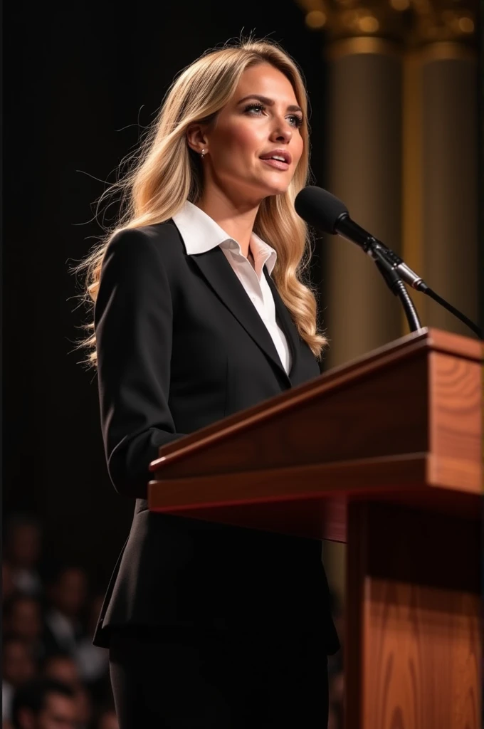 Beautiful woman with white skin and blonde hair giving a speech on stage, wearing a formal black suit and white shirt, realistic, uhd, pretty face, photo taken from a distance