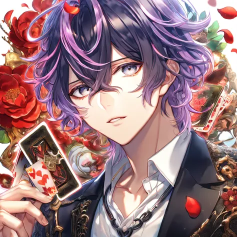 absurdres, highres, ultra detailed, HDR, master piece, Koide Natsuno, violet hair, messy hair, expressive gray eyes, black jacket with trimming, Shiki, white shirt, Amnesia Memories, sexy man, handsome, best quality, red blossoms, red petals, red flowers, ...