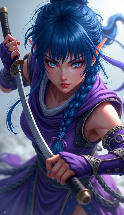 1girl, beautiful detailed blue eyes, beautiful detailed blue hair, bangs, single braid, front braid, long braid, simple background, out of frame, tachi-e, ninja suit, violet scarf, purple and blue armor, martial art fingerless gloves, sandals, (best qualit...