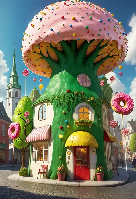 general shot: 1.5, ((city of sweet cake and candy buildings: 1.7)), (( candies, tree-shaped lollipops, donut-shaped sun, beautif...