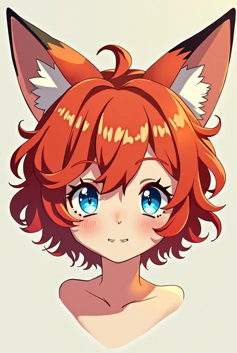 solo, blue eyes, Simple Background, Red hair, Fox Ears, Slanted Eyes, Curly hair、Anime Style, juvenile