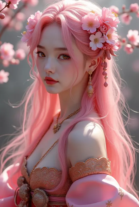 Appearance: She is a woman of transcendental beauty, with an aura that mixes fascination and mystery. Your pink hair is long and luxurious, falling in soft waves that delicately capture the light. The eyes are also pink, deep and mesmerizing, reflecting hi...