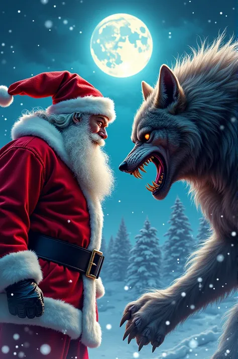 A poster movie about santaclauss vs werewolf. The title of movie with a letter font of Street Fighter game writen "Papai Noel vs Lobisomem".