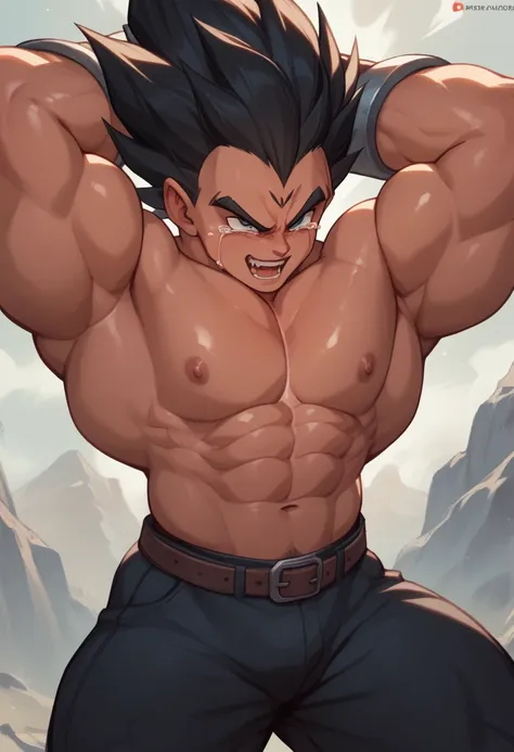 highest quality,based on anatomy,huge muscles,a mix of vegeta and kogenta,devil's body,sexually attractive gestures,shiny skin,g...