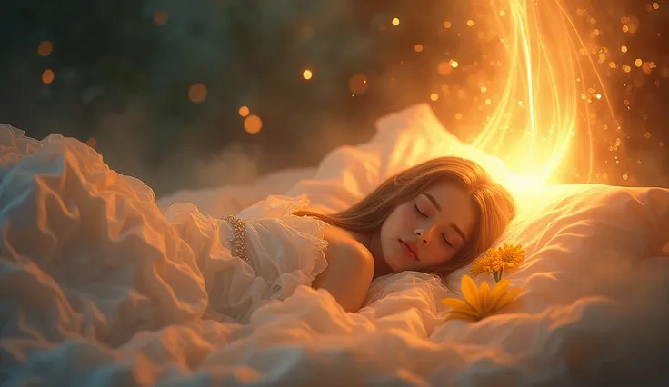 A mystical and ethereal scene where Amina is sleeping, and a brilliant, divine light emanates from your being and, spreading throughout the world. The light should be warm and relaxing, filling the entire scene with a sense of hope and divine intervention....