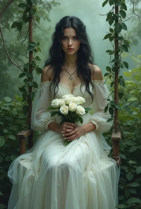 Make me a picture of Eleonora by Edgar Allan Poe where Eleonora appears dressed in white, swinging surrounded by plants.,while she is holding a bouquet of white roses.