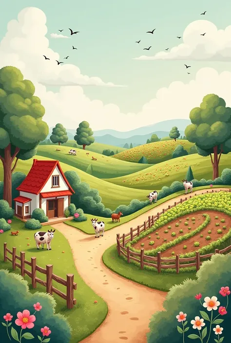 Make an image of a place drawn on the wall with a house, A farm,corral plantations