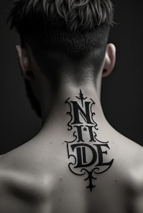 create a tattoo image on the side of the male neck , using gothic letters and shadows around the letters, the name Neide will be the tattoo. Add lots of shadows to the tattoo, 