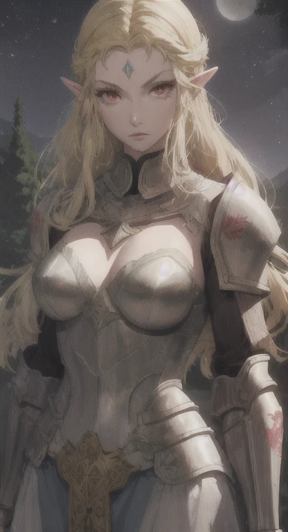 Ancient Hylian, Devine knight, Hylia, blonde, red eyes, glaring at viewer, ancient Devine armor, long messy hair, ancient Hyrule, medieval Town, night, dark,