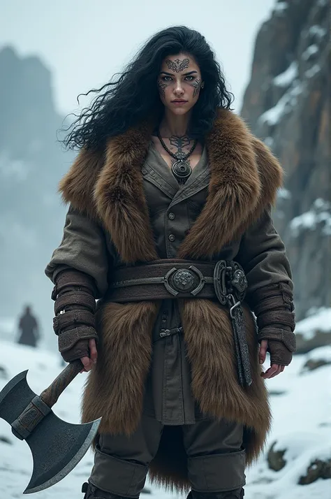 Chat make a nordic warrior (Woman) with tattoo and bearskin coat with long black curly hair holding an axe 