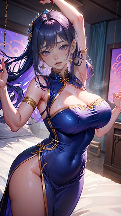 Shiny metallic blue china long dress　Chinese Idol　Purple Hair　Red lips　Chaiborg　Mature Woman　Sexy look　cute　Chubby　Plump　Huge boobs　On the bed　Photorealistic　Sweaty　Flowing sweat　Skin shiny with sweat　Beautiful armpits　Raise your hands above your head　Woma...