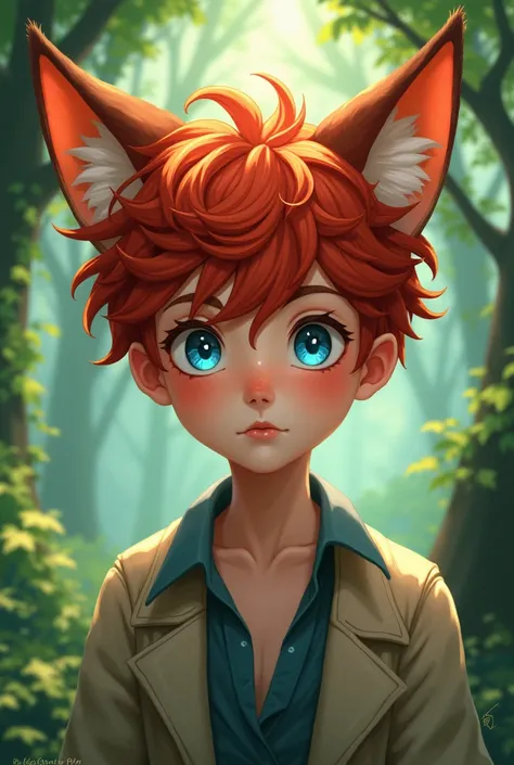 solo, blue eyes,  Red hair, Fox Ears, Tree Eyes, Curly hair、Anime Style, juvenile、Short Hair、Forest Background、male