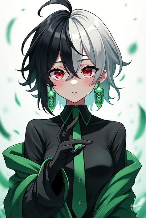 CREATE AN ANIME STYLE CHARACTER WITH BLACK AND WHITE HAIR WITH BLACK GLOVES PERSONALITY WOULD BE RED EYES HURRICANE EARRINGS OVER ALL WHITE WITH GREEN SPOTS