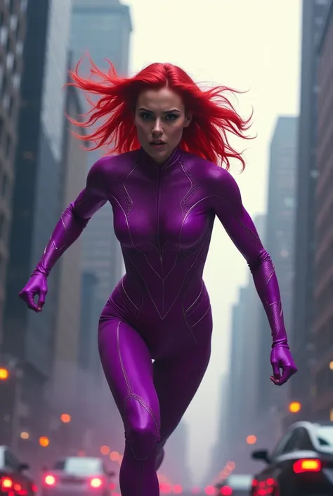 Take a photo with the same shape and background, but change the hero to a red-haired speedster with a strong purple-magenta uniform