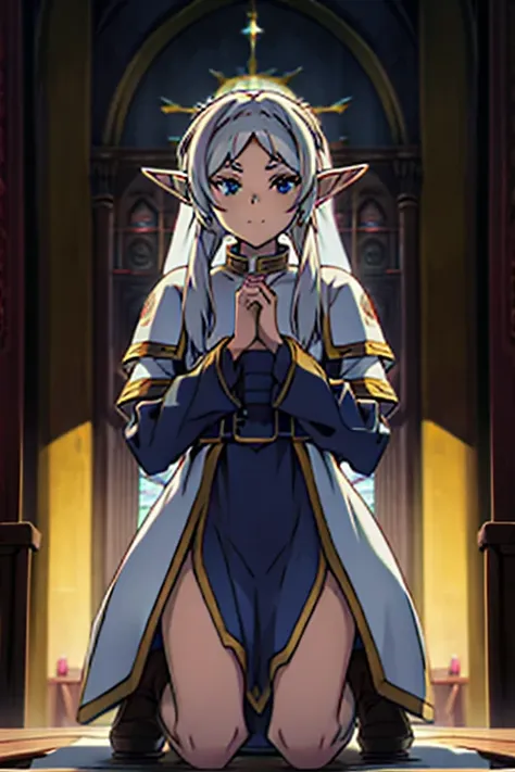 freeze, [elf ears, kneeling in front of the church , 8k image quality ,