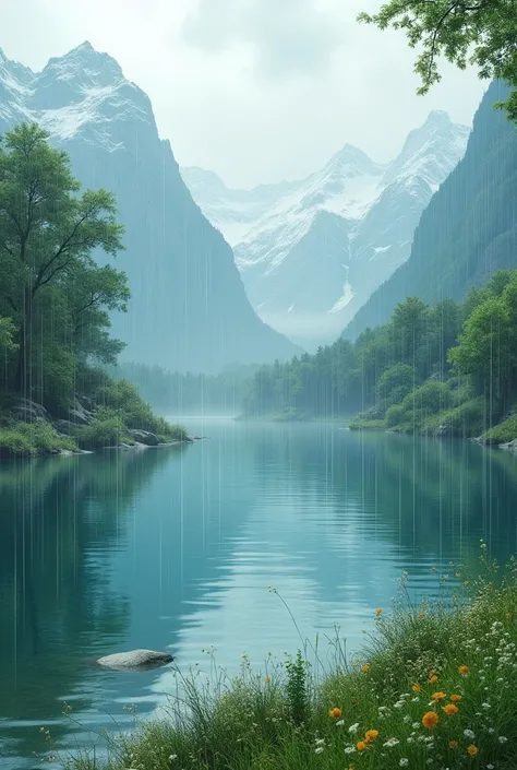 Realistic picture of paradise with falling raindrops