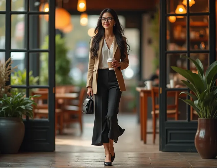 (flies to pieces, Highest quality)((8ก)),full body, It&#39;s a picture of an Asian woman. She&#39;s a teacher. She has long hair, wears glasses, and is tall and beautiful. She&#39;s wearing high heels., Walking out of a coffee shop, holding a cup of coffee...