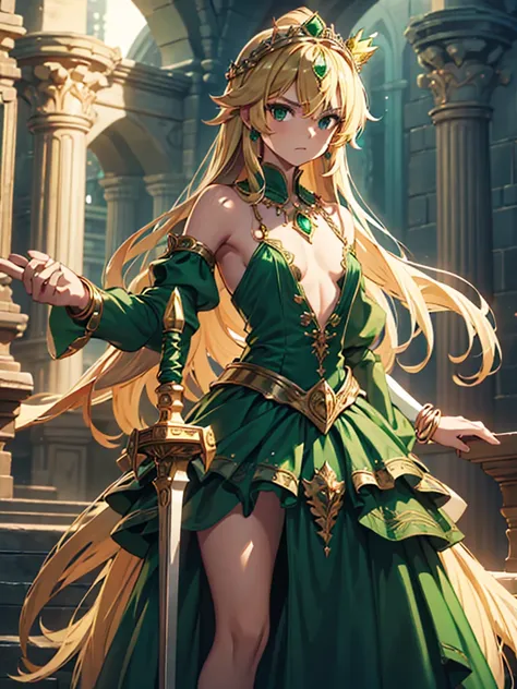 1 solo princess. Teenage girl. Blonde hair. Luxurious crown. Luxurious green emerald necklace. Luxurious Bracelet. Beautiful teenage face. Serious face. Wearing sexy silky green princess dress. No bra. No underwear. Flat chest. Holding the green sword. Cas...