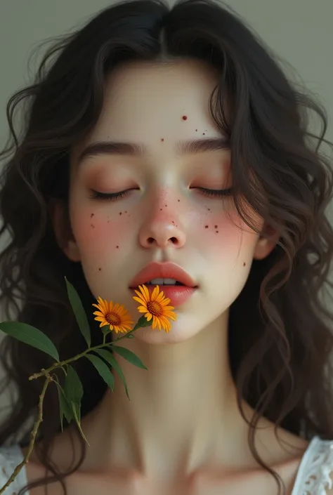 
The image shows a woman with long, curly hair smiling and holding a flower in her mouth. She has a round face, full lips, and a small nose. Her eyes are closed and she has a peaceful expression on her face. She has a small mole on her cheek and a small mo...