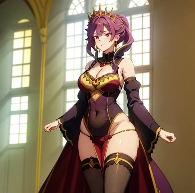 1 girl, standing alone,mirellia_q_melromarc, milf, standing, (breasts big), (Broad Hips), (wide thighhighs), (red lengerie), (yellow bra), , (teeths), sleeveless, tails, necklase, purple_body hair, purple_eyeballs, lips, jewerly, embarrassed earrings, ssmi...