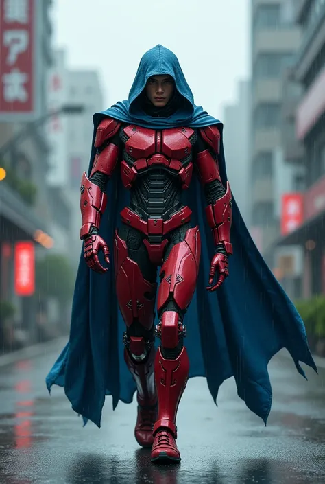  Create a Japanese man wearing a blue hooded cape in a futuristic red exoskeleton armor, walking on a street in Japan with the cloudy sky raining.
