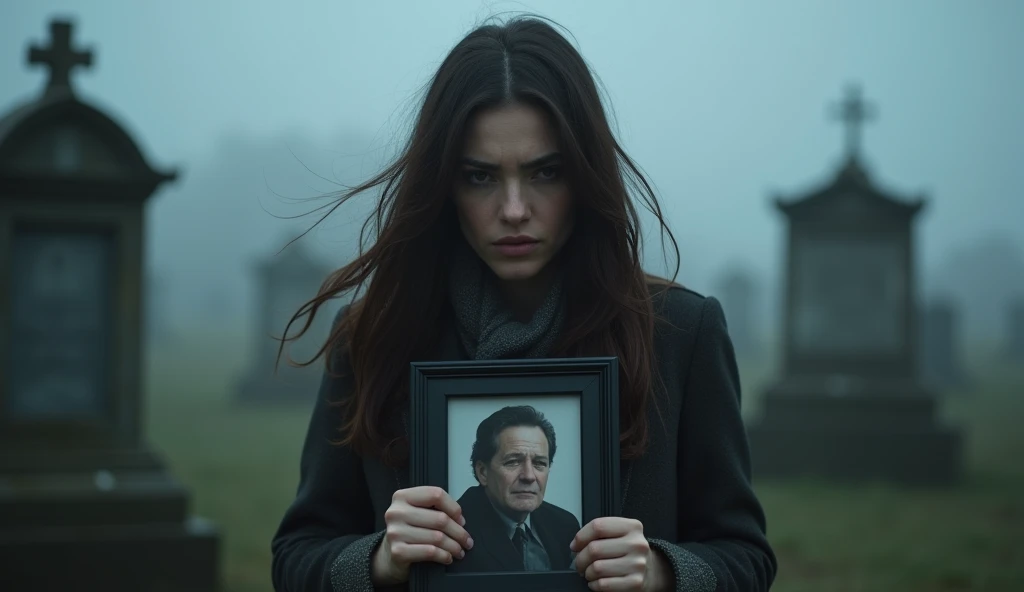 A  with dark brown hair and hazel eyes is standing in front of a gravestone in a cemetery. The weather is overcast, and her eyes are filled with tears as she looks down at a framed photo of her father, clutched tightly in her hands. The wind softly blows h...