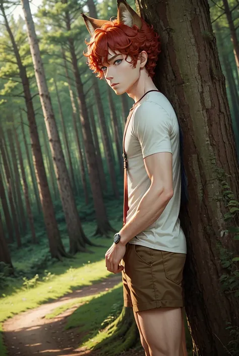 solo, blue eyes,  Red hair, Fox Ears, Tree Eyes, Curly hair、Anime Style, juvenile、Short Hair、Forest Background、male