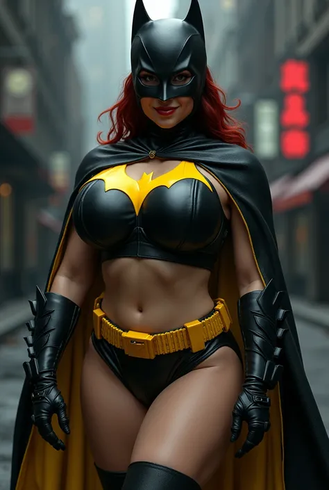 A Female batman in a short Bikini dress with a very big chest and a smirking smile, medium shot, ultra detailed, 8k, illustration, dark fantasy, vibrant, 3d render, painting