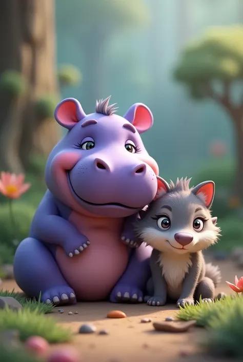 Purple baby hippo with a little wolf in 3d