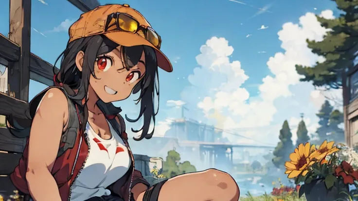 1 female, dread hair, black hair, light skin, brown skin, red eyes, huge breast, thick legs, freckles, red jacket, white tank top, short short, yellow shorts, sun glasses, black boots, hip hop cap, blue sky, grasses, flowers, happy face, sitting down, thic...