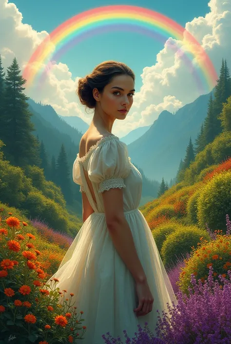 Make me a picture of Eleonora by Edgar Allan Poe where there is a valley full of bushes and trees of different colors with a clear sky accompanied by a rainbow 